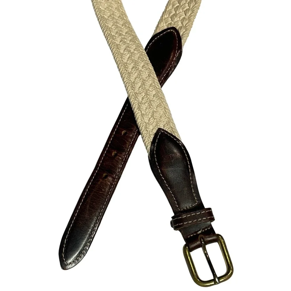 VTG Dockers Woven Rope Belt Cream Brown‎ Leather Brass Buckle USA Made 37